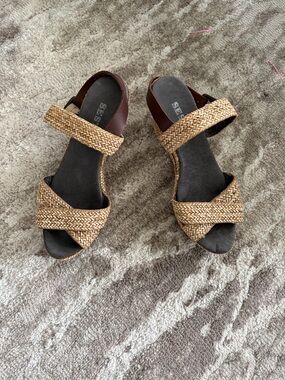 Sesto Meucci Brown Leather & Natural Woven Wedge Sandals
